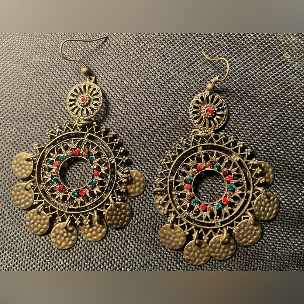 India Boutique Gold Earrings with Red and Green Accents